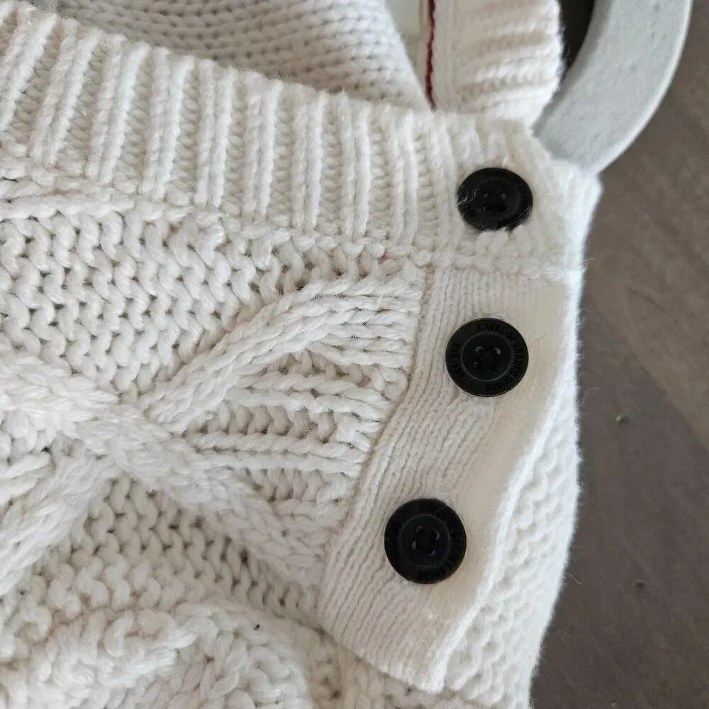 L.O.G.G. Fisherman Knit crew neck pullover, Ivory, button details, logo, women M